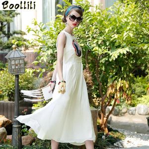 Vestidos casuais real seda boollili vestido mulheres verão coreano vintage bordado praia elegante festa mulher vestidos mujer