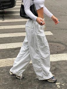 Sweetown Casual Baggy Wide Leg Sweatpants White Loose Drawstring Low Waist Streetwear Cargo Pants Womens Hippie Joggers Trousers 240322