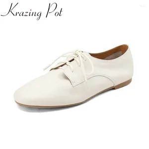 Casual Shoes Krazing Pot Cow Leather Round Toe Low Heels Loafers Western French Romantic Retro Office Lady Cross-tied Women Brand Flats