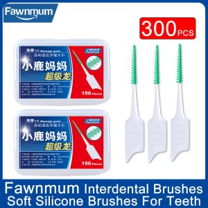 Escova fawnmum silicone macio escovas interdentais para dentes 300pc palitos escova interdental cuidados orais fio dental ferramenta de limpeza dos dentes