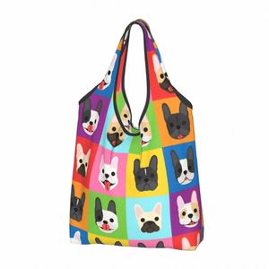 Reciclagem Pop Art Estilo French Bulldog Faces Shop Bag Mulheres Tote Portátil Frenchies Dog Pet Gift Mercearia Shopper S P32v #