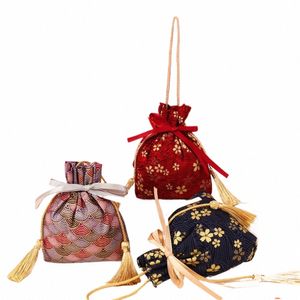 lucky Cat Canvas Fr Drawstring Bag Sakura Floral Satin Bow Bowknot Tassel Handbag Jewerly Packing Bag Large Capacity E0mZ#