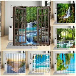 Shower Curtains Window Outside Forest Waterfall Curtain Tropical Palm Trees Ocean Nature Landscape Bathroom Decor Waterproof Set