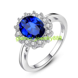 Czcity Luxurious Blue Topaz Princess Diana Solid 925 Sterling Silver Gemstone Women förlovningsringar