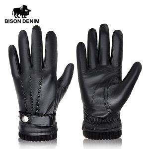 BISON DENIM Men's Genuine Leather Gloves Warm Wool Lining Leather Gloves For Men Smartphone Touch Screen Mittens Autumn & Winter