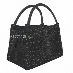 schwarze Krokodilleder-Leder-3D-Druck-isolierte Lunch-Einkaufstasche für Frauen, Alligator-Textur, wiederverwendbar, thermischer Kühler, Bento-Box 25S6#