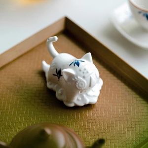 Tea Pets Hand Painted Butterfly Orchid Ceramic Pet Cute Tiger Sculpture Animal Figurine Lid Rack