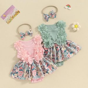 Clothing Sets Baby Girls Crew Neck Sleeveless Floral Print Skirt Hem Infant Rompers Dress With Headband Summer 2 Pieces Set For 0-24 Months