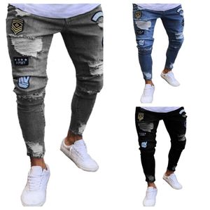 Emblem Embroidered Men's Jeans with Torn Knees, Zippered Small Leg Pants, Large Denim Pants