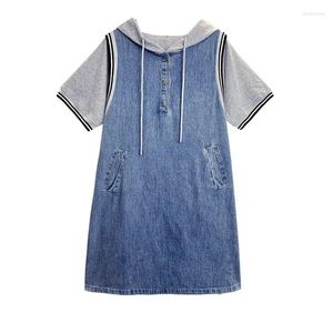 Party Dresses Women Korean Style Denim Patchwork DrawString Pockets Midi Dress Summer Trendy Casual Streetwear Overdimensionerade Y2K P53