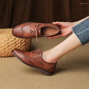 Casual Shoes Women's Round Head Burnt Flower Inner And Outer Leather Cowhide Lace Up Large Low Heel Block Oxford