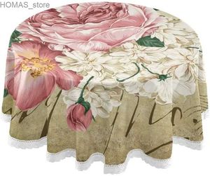 Bordduk Vintage Shabby Chic Pink Rose Floral runda borddukar för hemmamiddag Picknickbord Dekor Spetsbandduk 60 tum Y240401