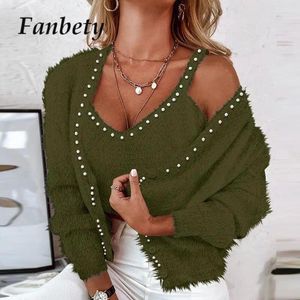 Kvinnors stickor 2024 Autumn Sexig Fashion Furry Vest Cardigan Casual Tops Tvåverk Set Women Elegant pärlastad långärmad matchning av kostymdräkter