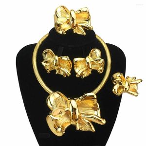 Necklace Earrings Set Dubai Italian Gold Plated Jewelry Women's Wedding Party Banquet Big Bow-knot Pendant Bold FHK17057