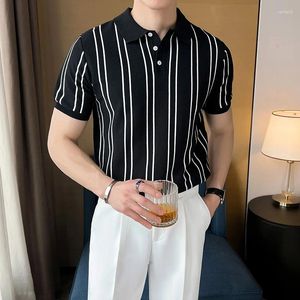 رجال Polos Summer Summer Silk Silk Polo Shirt for Men Fashion Short Scriped Thirts Slim Fit Fit Disual Business Tabel Stirts 2024