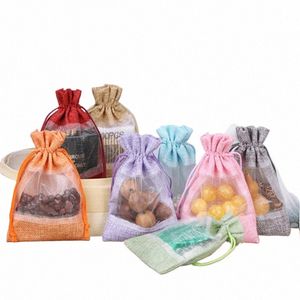 10x14cm Transparent Window Linen Drawstring Pockets Stitching Mesh Jewlery Display Bags Wedding Candy Bag Pouch Kitchen Storage G9KM#