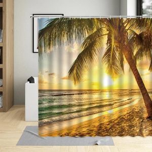 Shower Curtains Seaside The Sea Sunset Beautiful View Coconut Tree Sky Sandy Beach Pattern Bathroom Curtain Waterproof Washable Polyester