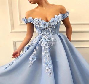 Light Sky Blue Long Prom Dresses With Hand Flower Elegant Off Shoulder Sweet 16 Girls Pageant Evening Dresses 2020 Cheap3751583