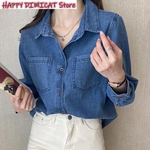 Blusas femininas mulheres azul denim camisa moda roupas outono único-breasted jeans feminino bolsos solto lapela cowboy blusas