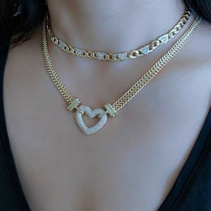 Collana girocollo con catena a maglia cubana in oro moda Collana con colletto a forma di cuore punk in argento color argento con zirconi cubici per regalo di gioielli da donna X246F