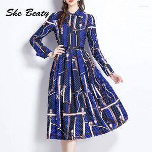 Casual Dresses Blue Dress Women Floral Printed Long Sleeve High Street A-Line Korean Fashion Party Chic Midi Robe Femme Spring 2024