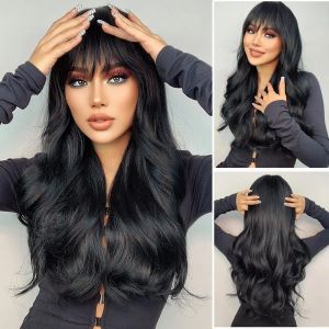 Parrucche Wigs Long Wad Black parrucca con frangetti parrucche per capelli ricci caldi per donne sintetiche lunghe parrucche al cosplay ondulato per ragazze soft custose parrucche da costume