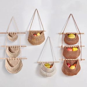 Storage Bags Hand Woven Wall Hanging Fruit Vegetable Basket Teardrop Plant Kitchen Table Mount Container Holder