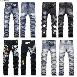 Designer jeans homens jeans high street roxo para homens bordados calças mulheres oversize rasgado remendo buraco denim em linha reta moda magro