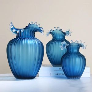 Vases Frosted Blue Striped Colored Glaze Glass Vase Home Living Room Desktop Furnishings Ornaments