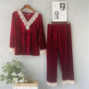 Casa roupas de veludo pijamas feminino primavera outono manga longa pulôver calças terno conjunto de duas peças sexy renda guarnição o-pescoço loungewear