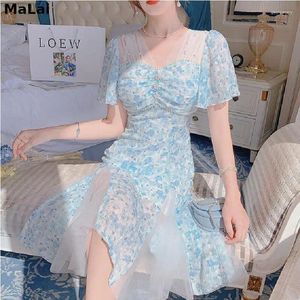 Party Dresses Chiffon Floral Midi Dress Korean Women spetsar Kort ärm Elegant Y2K Blue Female 2024 Summer Vintage One Piece