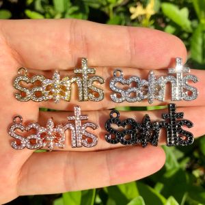 charms 5Pcs Cubic Zirconia Pave Saints Word Charms Gold Plated Letter Pendant For Bracelet Necklace Bangle Jewelry Making