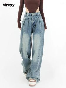 Kadınlar Kot pençeli mavi bolca kadın yüksek bel geniş bacak pantolonları yıkanmış vintage pilili büyük boy pantolon 2024 bahar sokak kıyafeti