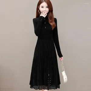 Casual Dresses 2024 Autumn Winter Half High Collar Pärlad A-Line Imitation Mink Thicken Warm Women Slim Midje mode