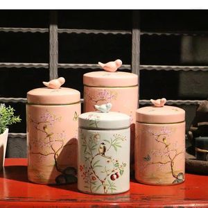 Storage Bottles Flowers Birds Painted Ceramics Jars Desk Decoration Classical Crafts Porcelain Candy Jar With Cover Vintage Home Decor