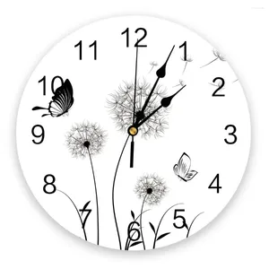 Relógios de parede dandelion borboleta preto relógio branco design moderno sala de estar decoração mudo relógio casa decoração interior