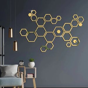 24pcs Hollow 3D Hexagonal Mirror Wall Sticker DIY Honeycomb Decoration Self Adhesive Paper Waterproof Home Living Room Bedroom 240329