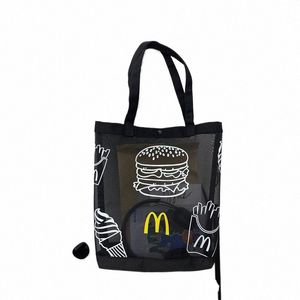 novelty Hamburger Food Peripheral Mesh Tote Foldable Beach Bag Lightweight Shopper Portable Fi Stylish Grocery Bag Black k7Hf#