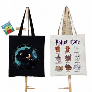 Bolsa tote de lona para mulheres Potter Cats Bolsa Harajuku Animal Shopper Bolsas Carto Cat Estética Bolsa de Ombro Feminina v1pU #