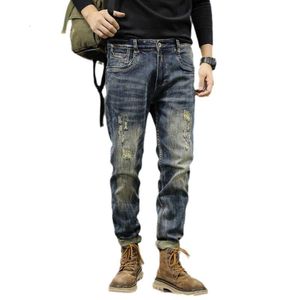 Autumn Trendy Brand Distressed Jeans for Men with Slim Fit, Straight Leg, Elastic American Patch, High-end Ruffled and Handsome Pants