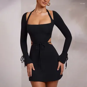 Casual Dresses Solid Formal Occas Dress for Women Elegant Evening Party Sexig Mini Slim Square Collar FLAGE SELEVES LACE-UP BODYCON