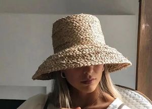 01904-HH7330 dropping Handmade raffia weaving Hepburn Lampshade shape lady flat bucket hat Outdoor women holiday beach cap 240325