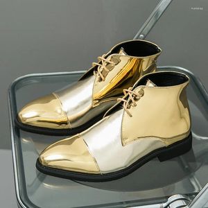 Sapatos de vestido Luxo High Top Golden Men's Casamento Apontou Botas Brilhantes para Homem Macio Confortável Homens Formal Plus Size 46