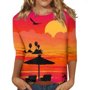 Koszule damskie 3/4 rękawy dla kobiet na Hawajach Drukuj koszulki graficzne Bluzki swobodne podstawowe bluzki Pulover Top Fashion Bluzka 2024