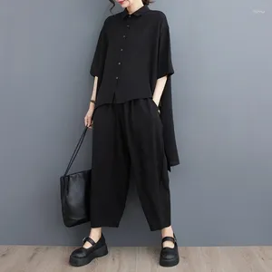 Kadınlar İki Parçalı Pantolon #2721 İlkbahar Yaz Siyah Asimetrik Uzun Gömlek ve Harem Kadınlar Kore tarzı seti için 2 kıyafet gevşek