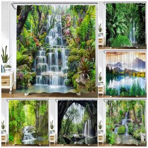 Shower Curtains Spring Waterfall Landscape Tropical Forest Plants Nature Scenery Fabric Garden Wall Hanging Bathroom Decor Sets