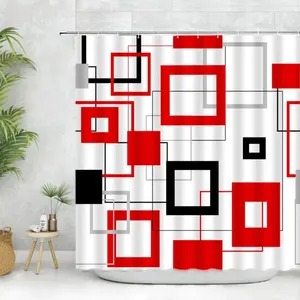 Zasłony prysznicowe Kurtyna czerwona geometryczna czarna szara szachownica do nowoczesnego tkaniny łazienkowej multisolor prosty hak w domu