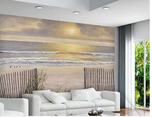 Bakgrunder 3D Bakgrund Nature Sun White Sandvågor Trästaket Ocean Views Home Decoration Non Woven