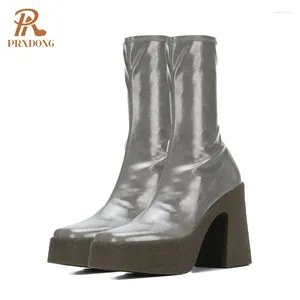 Stivali PRXDONG Autunno Inverno Scarpe da donna con plateau e tacco grosso alla caviglia Nero Marrone Grigio Abito da festa Office Lady