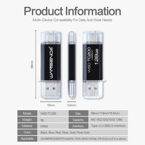 WANSENDA Type C Smart Phone USB 2.0 Flash Drive Metal Pendrive 8G 16GB 32GB 64GB 128GB 2 IN 1 Pendrive Memory Stick Thumbdrive